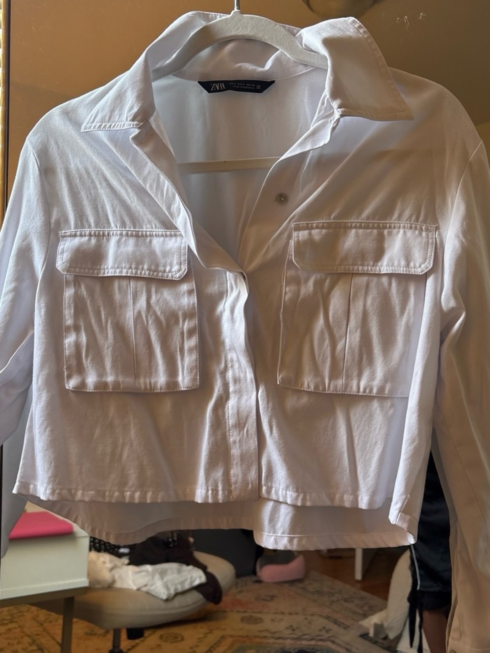 Zara White Cropped Utility Jacket with Front Flap Pockets